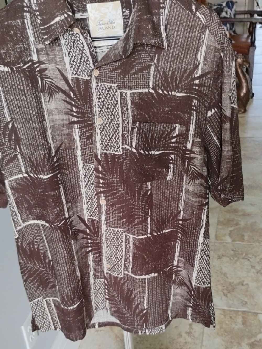 Tasso Elba Brown and Cream Printed Casual Button-Down Shirt Silk And Linen